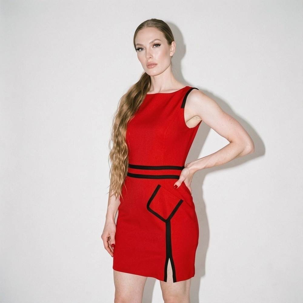JONES WEAR RED BLACK CONTRAST PANEL DRESS SIZE 16 WOMAN